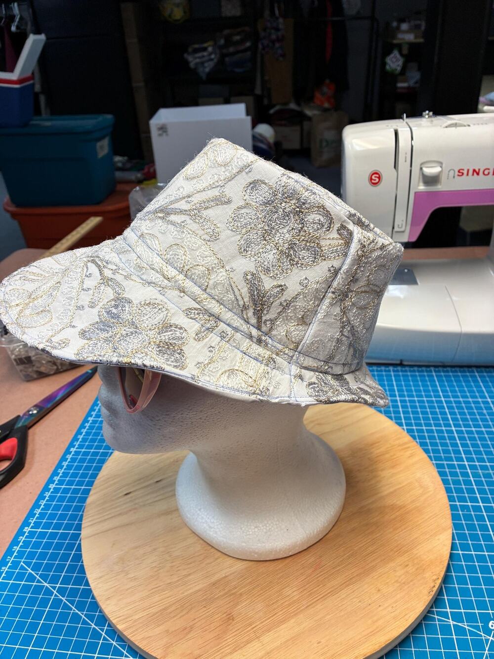 Upcycled Metallic Floral Bucket Hat – White Felt Lining, Size Small